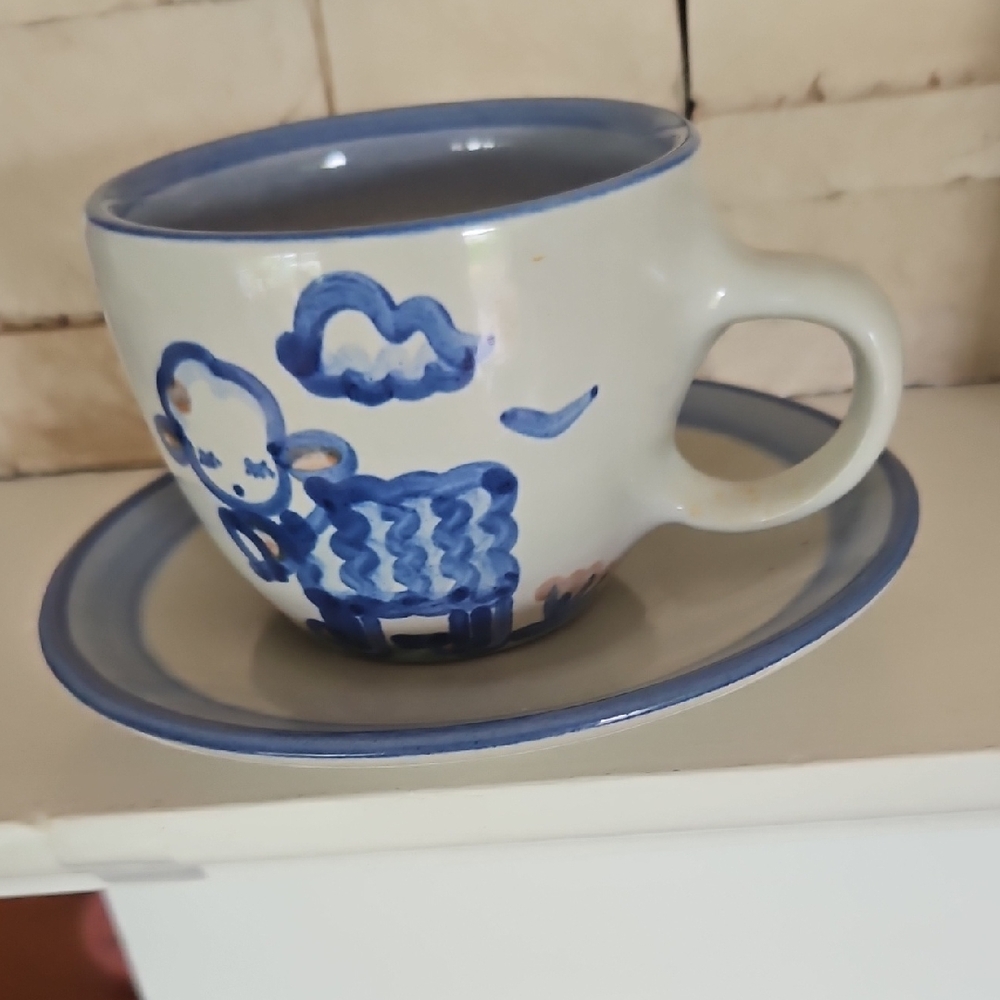 M.A. Hadley Blue and White Sheep Design Cup and Saucer Set